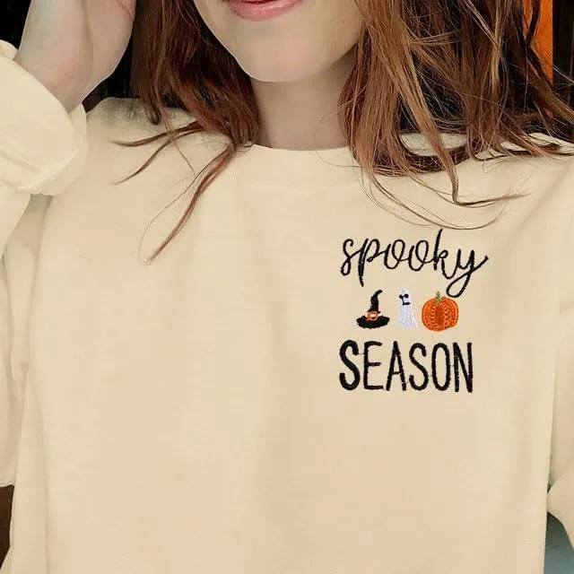 LOTUCY Halloween Sweatshirt Women Cute Spooky Season Sweatshirts Ghost Fall Embroidered Sweater Pullover Top