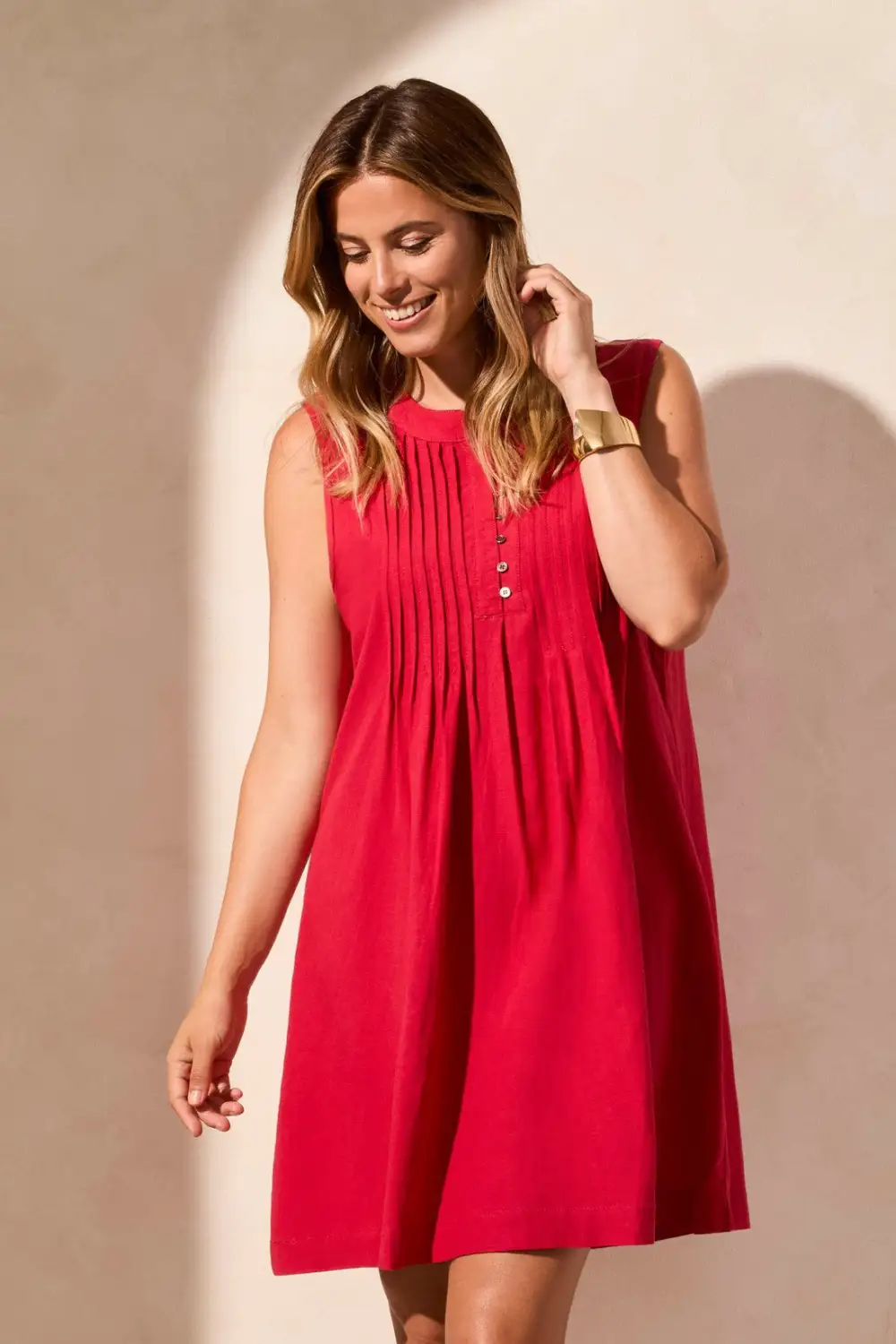 Linen Blend Pleated Sleeveless Dress-Cherry