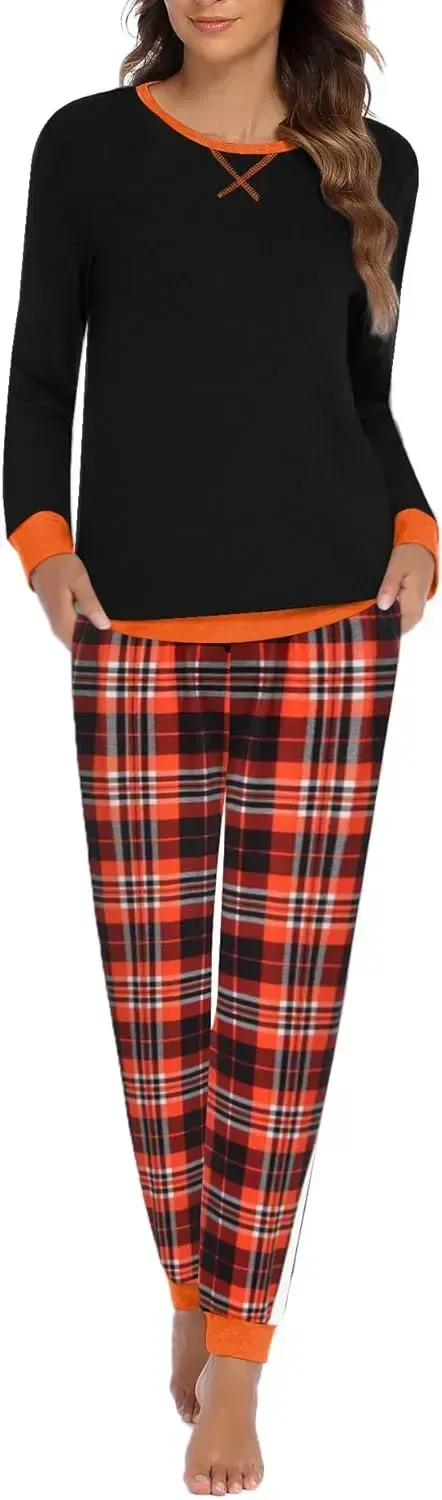 Women's Pajamas Sets Long Sleeve with Plaid Pants Soft Sleepwear O Neck 2 Piece Pjs Joggers Loung Set with Pockets