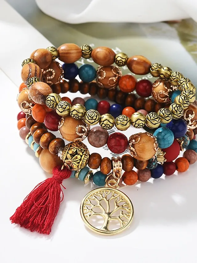Women's Bead Bracelet Vintage Bracelet Layered Fashion Tree of Life Flower Elegant Fashion Personalized Tassel Bohemian Alloy Bracelet Jewelry For Gift Holiday Date Beach Festival