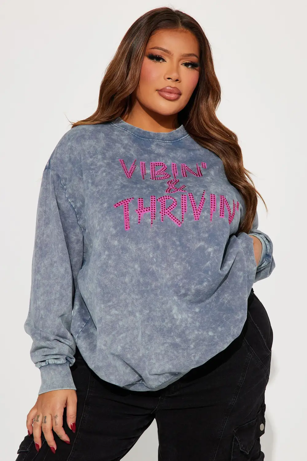 Vibin & Thrivin Washed Crew Neck Sweatshirt - Grey/combo