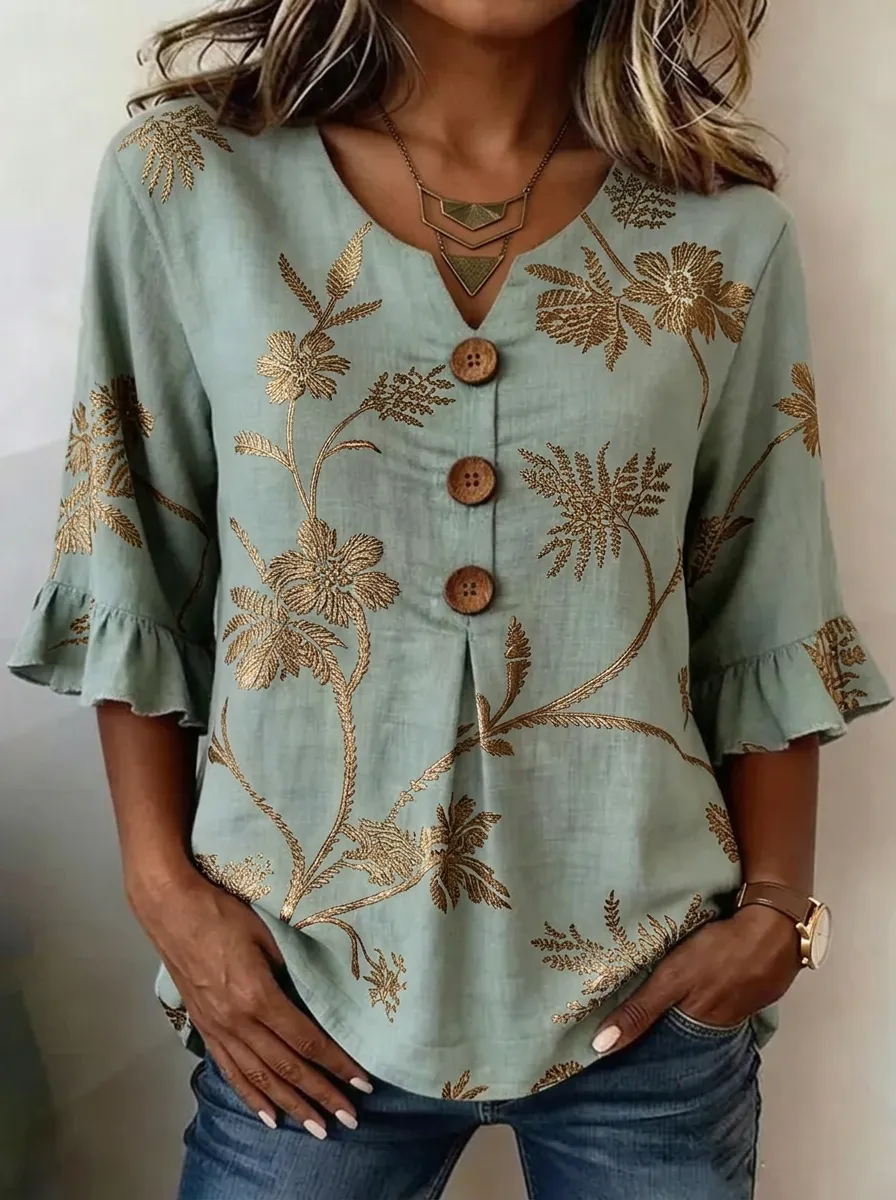 Women's Nashville Floral Gold Printed V-Neck Button Ruffle Top
