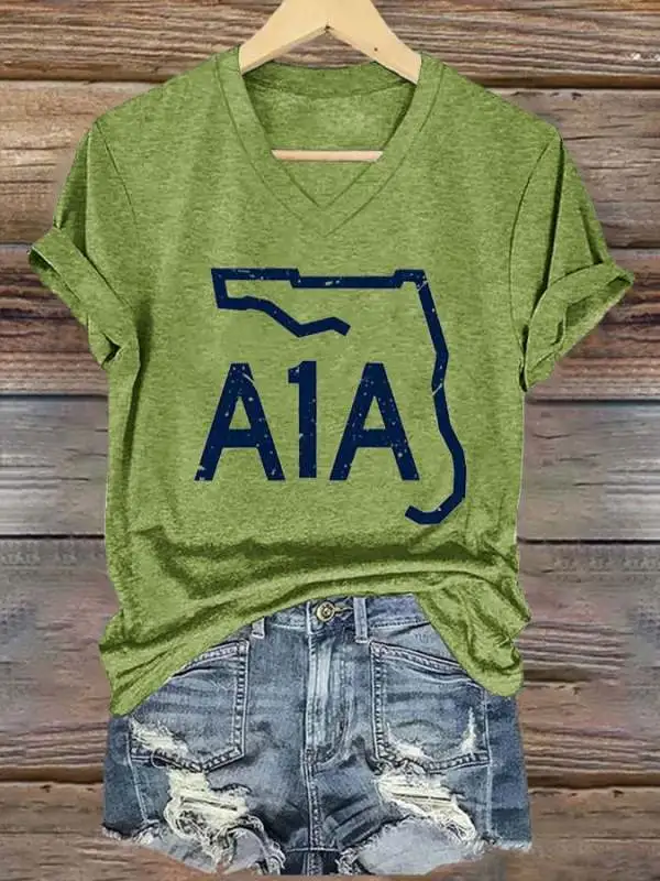 Women's V-neck short-sleeved printed T-shirt