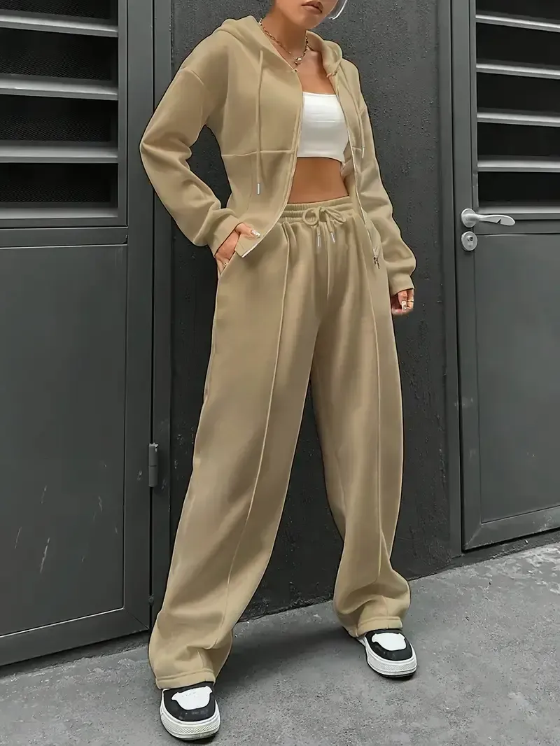 [All Seasons Polyester Hooded Tracksuit] Women'S Elegant Solid Color Polyester Hooded Tracksuit Set with Drawstring and Zipper Details – Knit Fabric Pantsuit for All Seasons