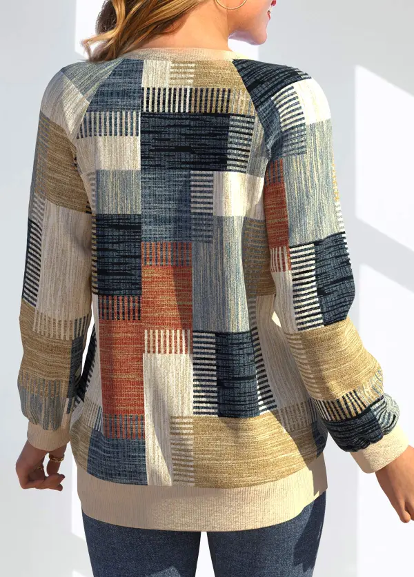 Multi Color Button Geometric Print Long Sleeve Cardigan