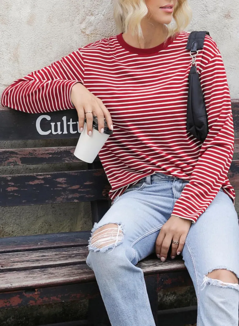 Dokotoo Women's Casual Striped Long Sleeve Tops Crew Neck Knit Ribbed Basic T Shirts