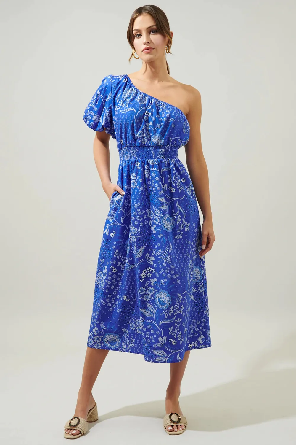 Blue Bridgette One Shoulder Midi Dress