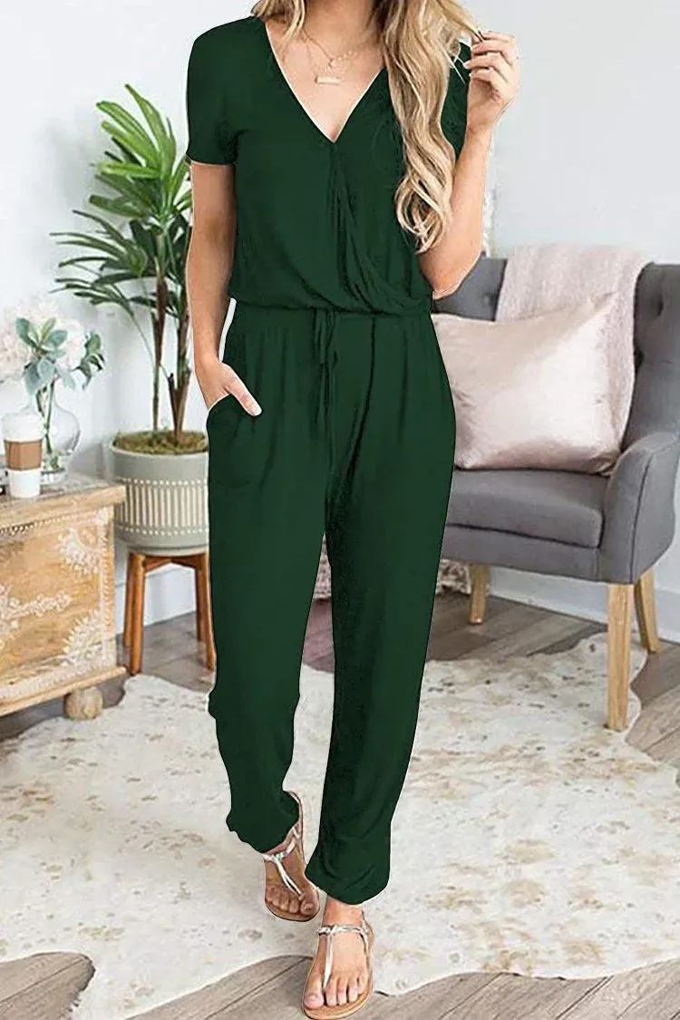 Deep V Neck Wrap Drawstring Waist Jumpsuit