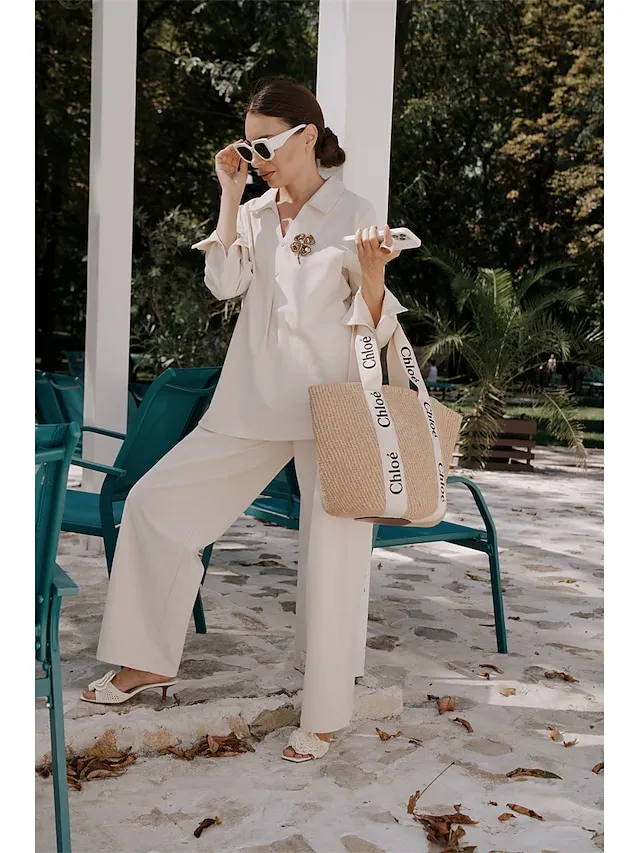 Women's Shirt Pants Sets Black Dark Navy Camel Plain Long Sleeve Casual Daily Vintage Fashion Streetwear V Neck Regular Fit Fall & Winter