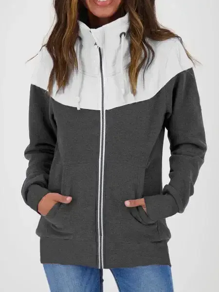 Women Long Sleeve Turtle Neck Cardigan Zipper Stitching Sweatshirts Tops