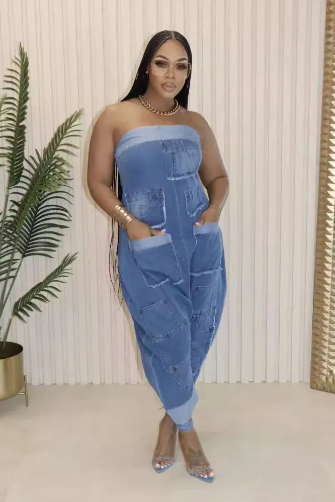 Strapless Pockets Raw Edge Harem Leg Denim Jumpsuit-Blue