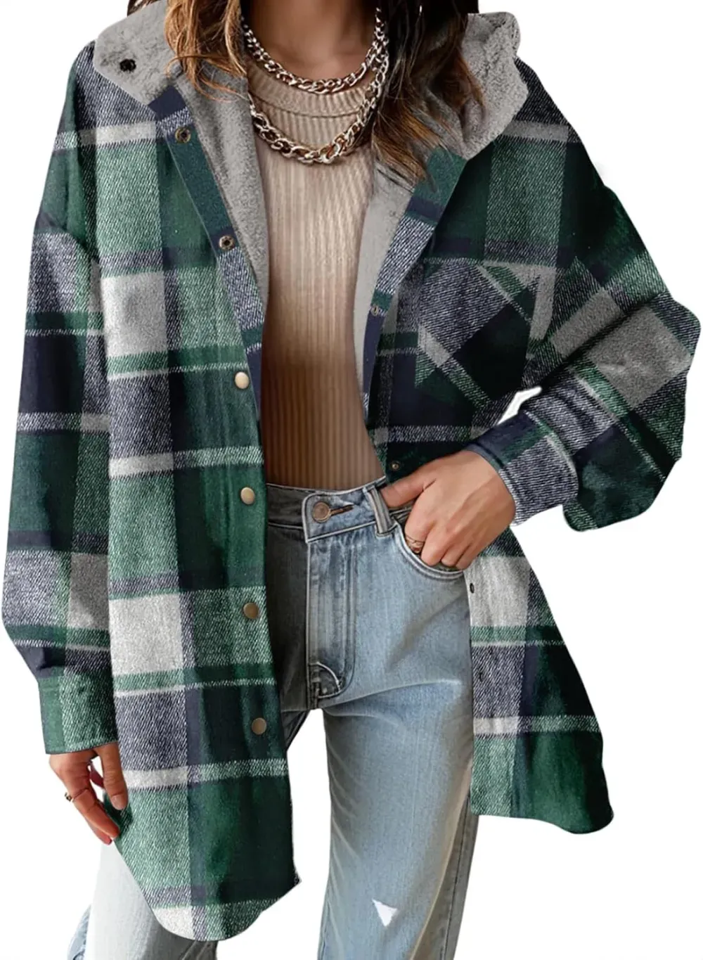 Women's Flannel Hooded Plaid 2025 Shacket Thick Coat Winter Coat for Warmth Button down Warm and Fuzzy Fleece Jacket