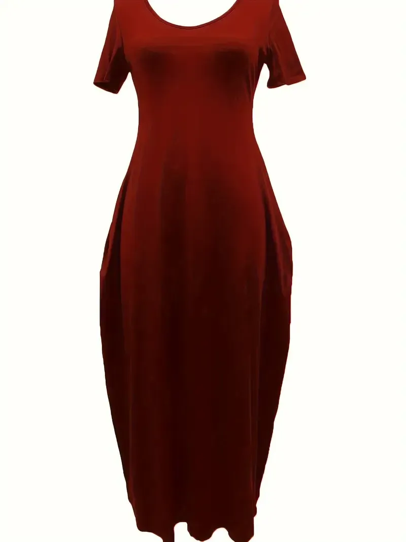 olid Simple Dress - Casual Short Sleeve Maxi Dress With Pockets - Women's Clothing - For Everyday Wear & Casual Occasions - Suitable for Women - Perfect Gift for Birthday & Holidays