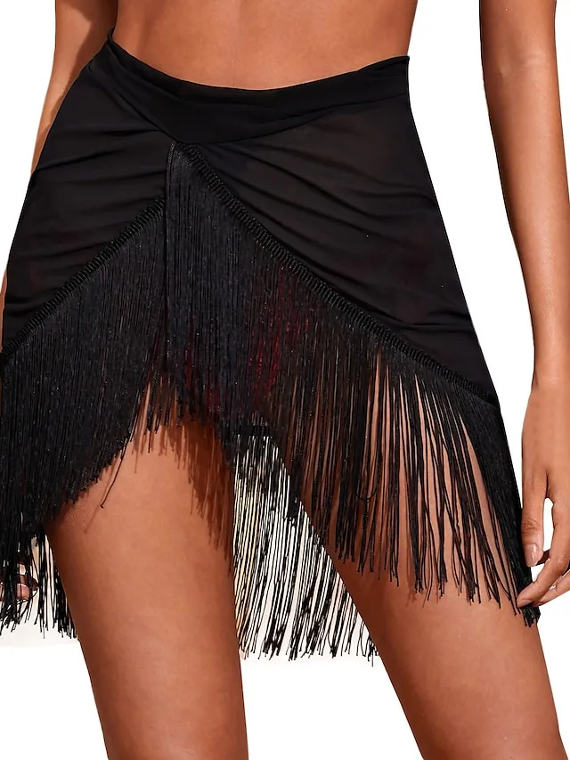 Women's Swimwear Cover Up Beach Bottom Normal Swimsuit Mesh Tassel Pure Color Black Bathing Suits New Vacation Stylish