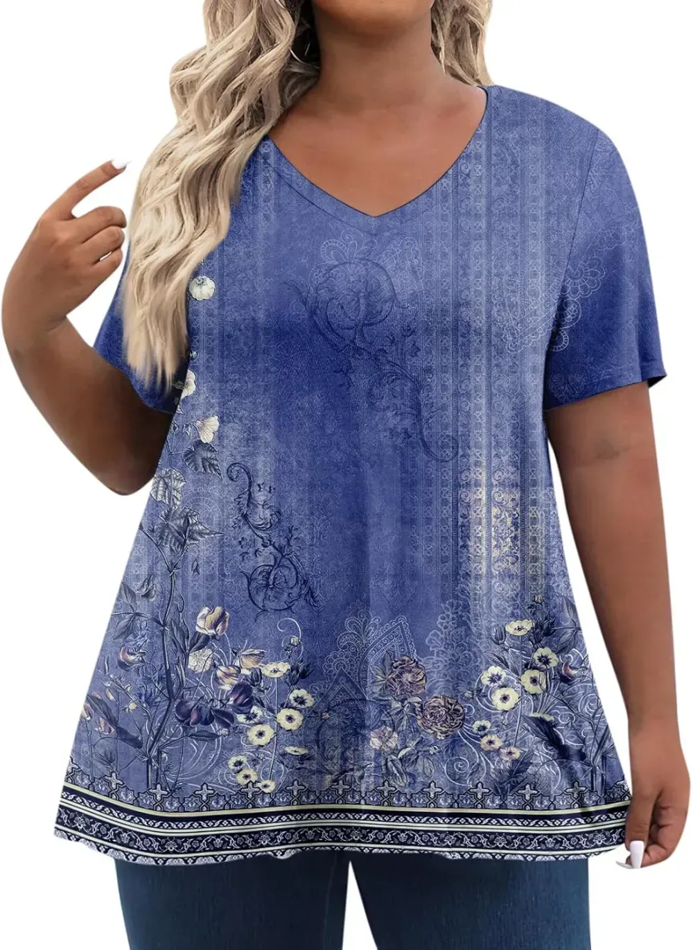 Plus Size Tops for Women Dressy Short Sleeve V Neck Shirts for Women Summer Tops for Women 2024 Floral Print Top