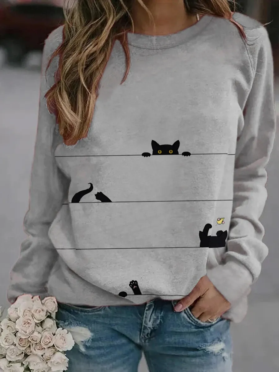 Fashion Long Sleeve Cartoon Cat Print Sweater