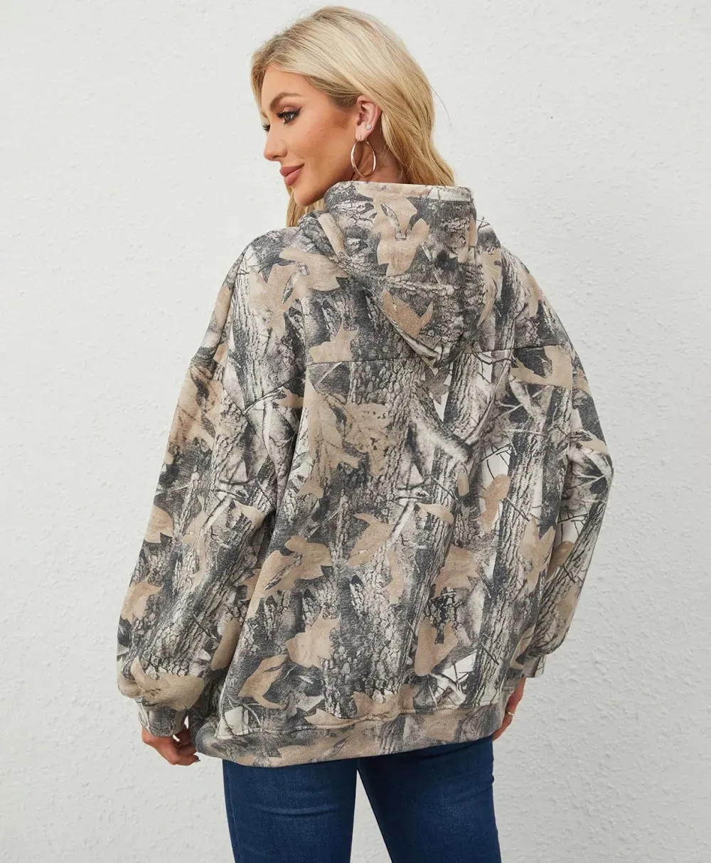 Womens Camo Hoodies Maple Leaf Print Oversized Hooded Sweatshirt Fleece Pullover Sweatshirts Long Sleeve with Pocket