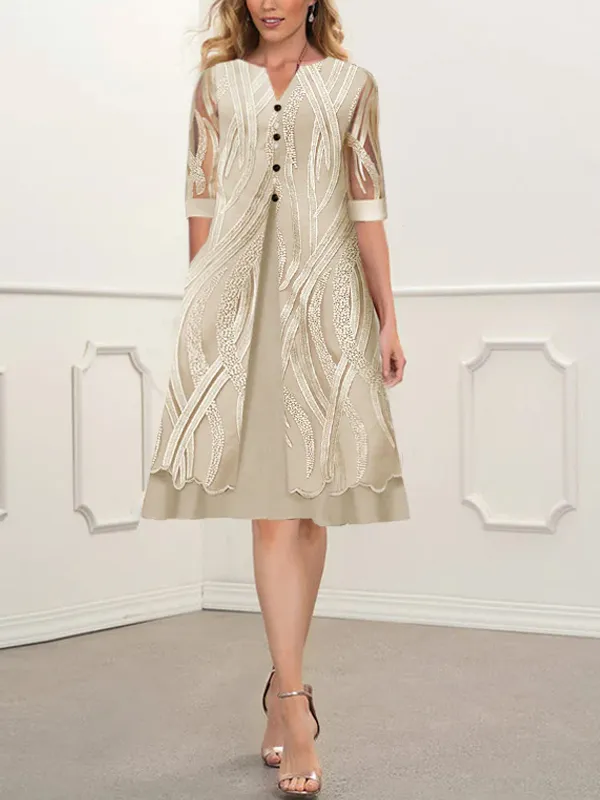 Printed V-Neck Pocket Short Sleeve Dress