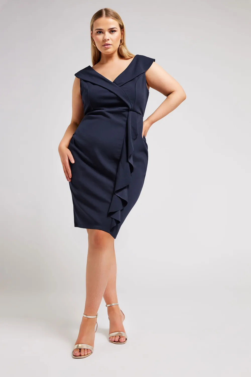 YOURS LONDON Curve Navy Blue Tuxedo Style Ruffle Dress