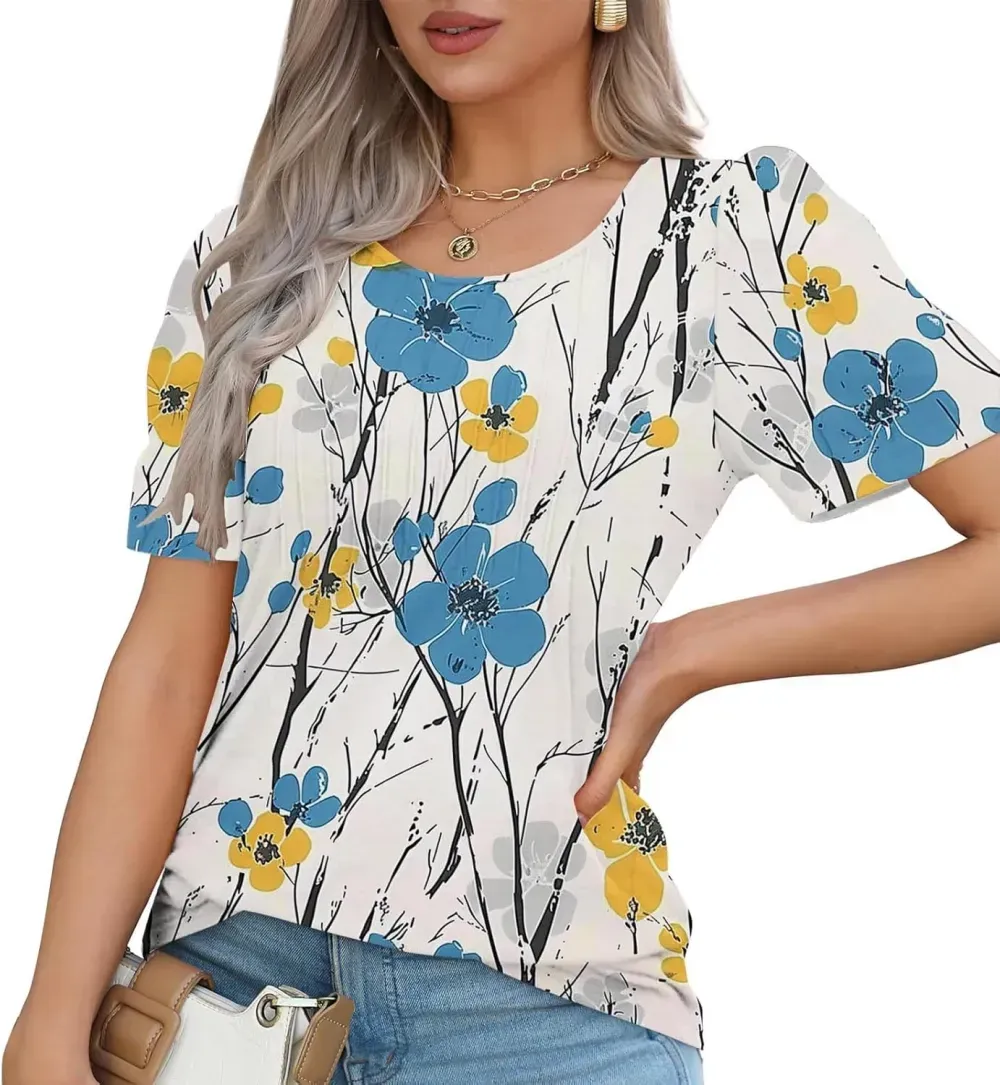 Womens Summer Pleated Front Shirts Tunics Casual Short Sleeved Loose Round Neck Boho Printed Tops Vacation Blouse