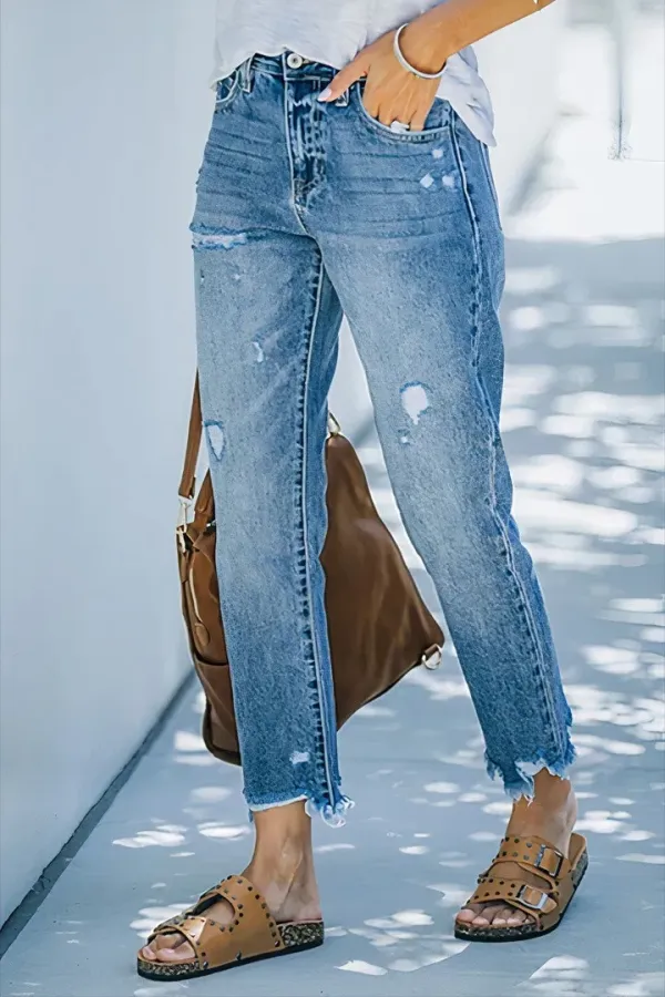 Ripped Raw Hem Zip Fly Mid Rise Straight Leg Jeans