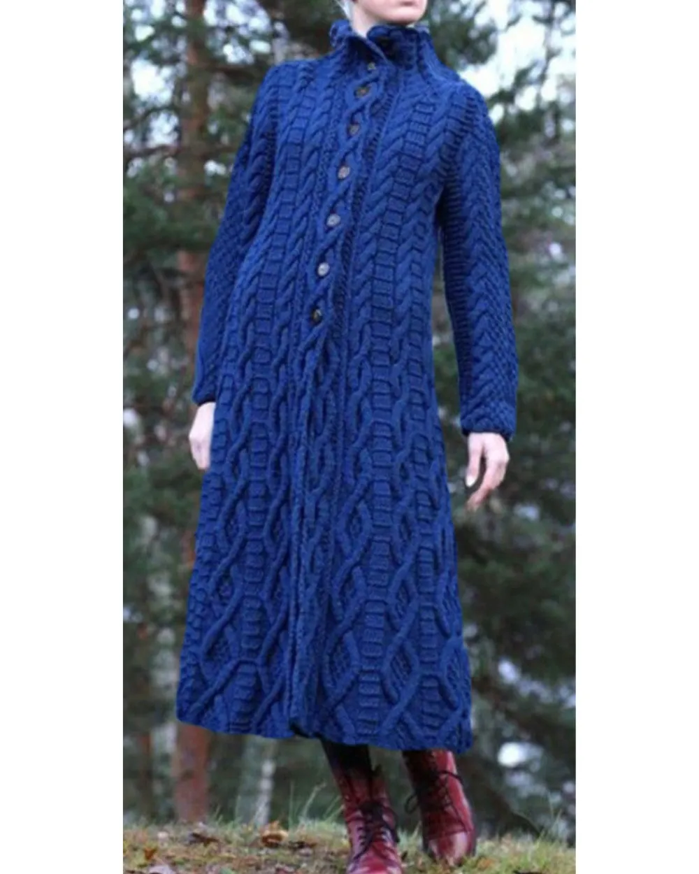Women's High Neck Chunky Twist Knit Extra Long Cardigan