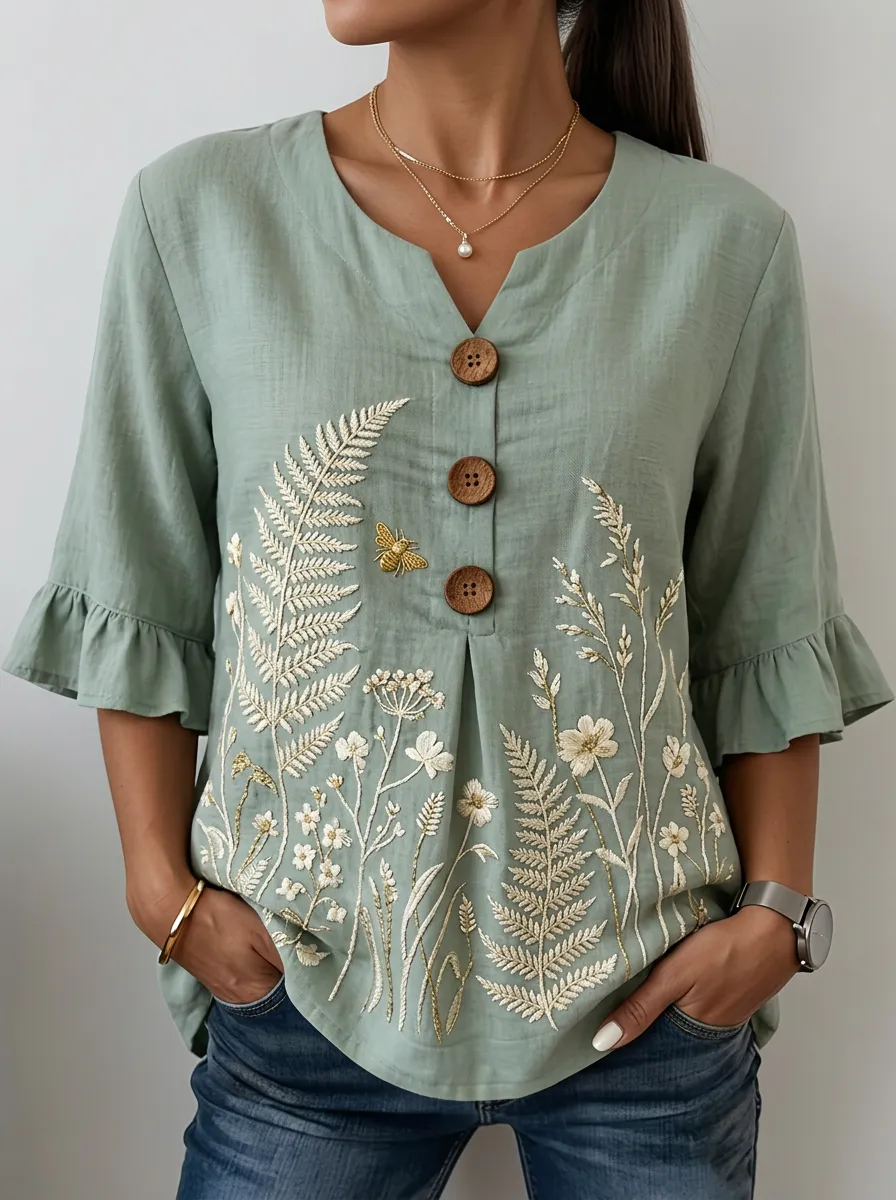Women's Nashville Nature Lover Fern Bee Floral Embroidered Printed Top