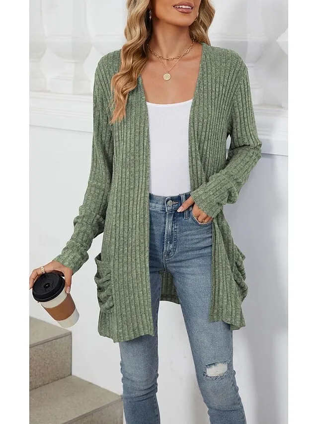 Women's Cardigan Open Front Ribbed Knit Pocket Spring Fall Work Daily Elegant Casual Long Sleeve Solid Color Black Army Green