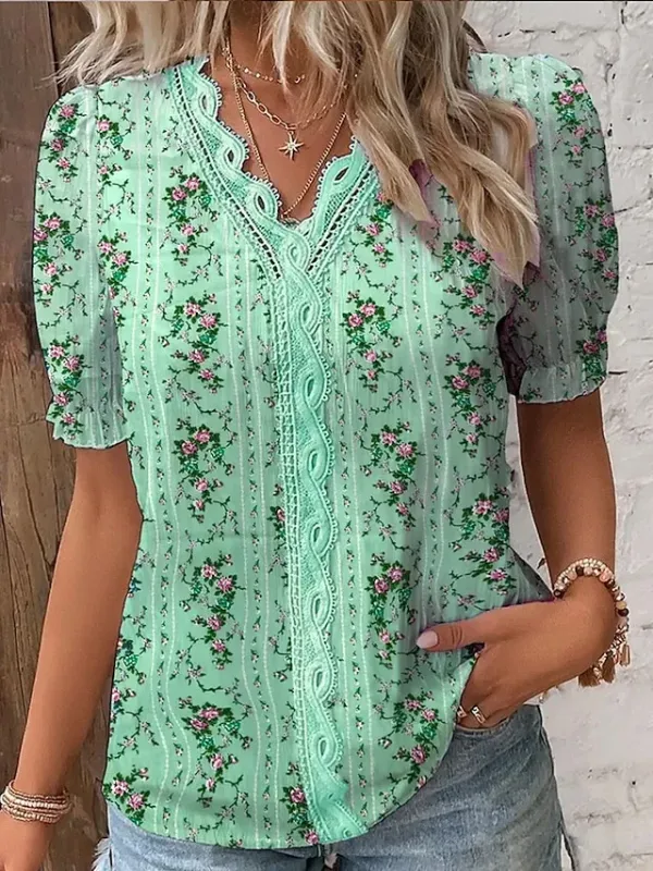 Women's Shirt Blouse Blue Purple Green Floral Lace Trims Print Short Sleeve Casual Holiday Basic V Neck Long Floral S