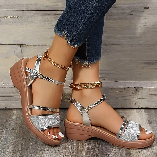 Women's Sandals Wedge Sandals Sparkling Glitter Wedge Heel Open Toe Casual Faux Leather Glitter Ankle Strap Silver Gold