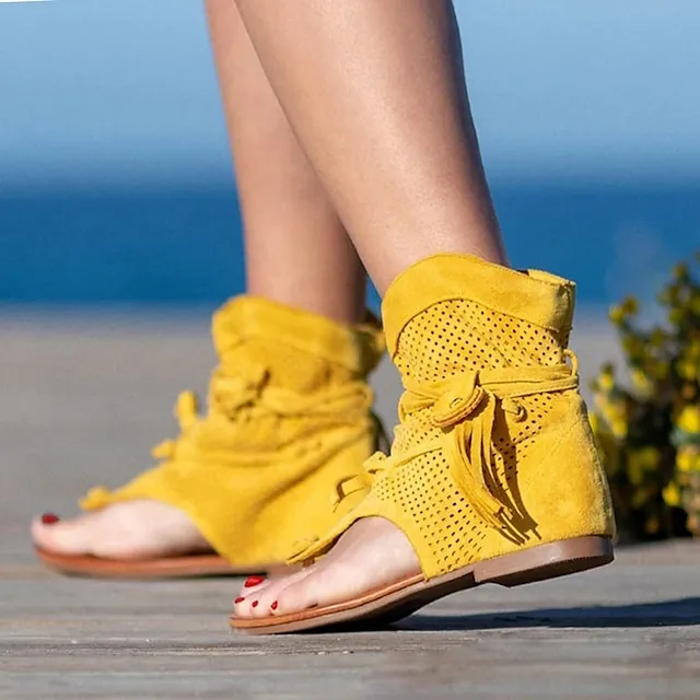 Women's Sandals Flat Sandals Gladiator Sandals Roman Sandals Outdoor Daily Beach Summer Lace-up Flat Heel Open Toe Vintage Casual Canvas Synthetics Loafer Solid Color Solid Colored Black Yellow Brown