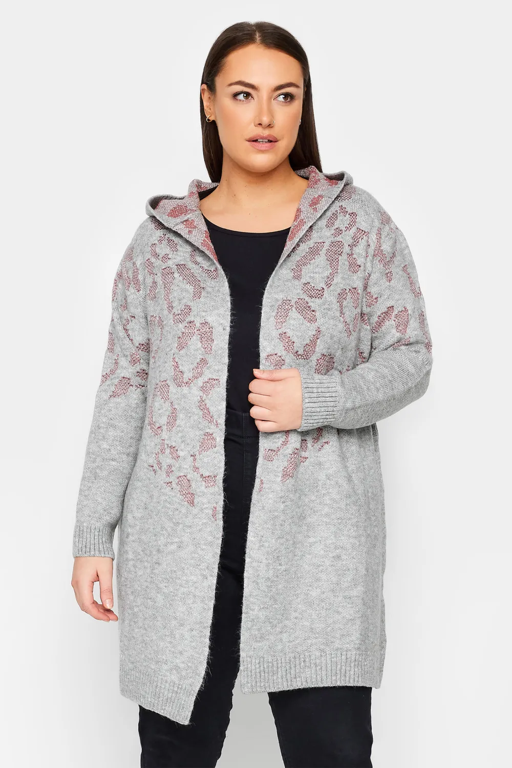 Evans Grey & Pink Leopard Print Hooded Cardigan
