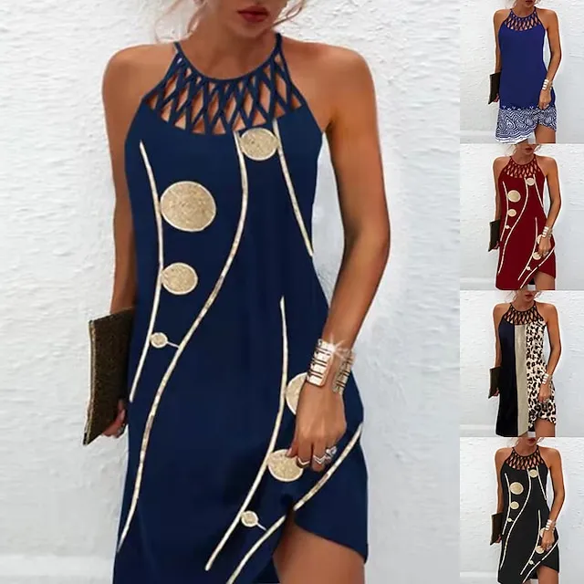 Women's Casual Dress Halter Neck Dress Midi Dress Leopard Black Wine Sleeveless Geometric Cut Out Summer Spring Halter Fashion Vacation 2023 S M L XL XXL 3XL