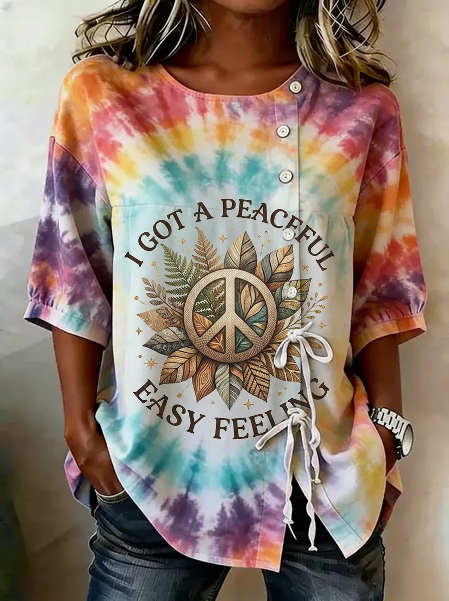 Women's Nashville Peace Sign Leaf Printed Tie-Dye Button Top