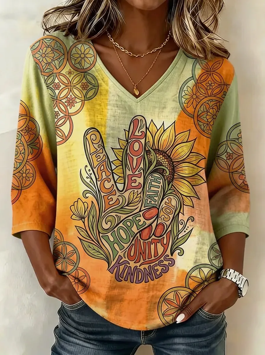 Women's Nashville Sunflower Peace Sign Printed V-Neck Top