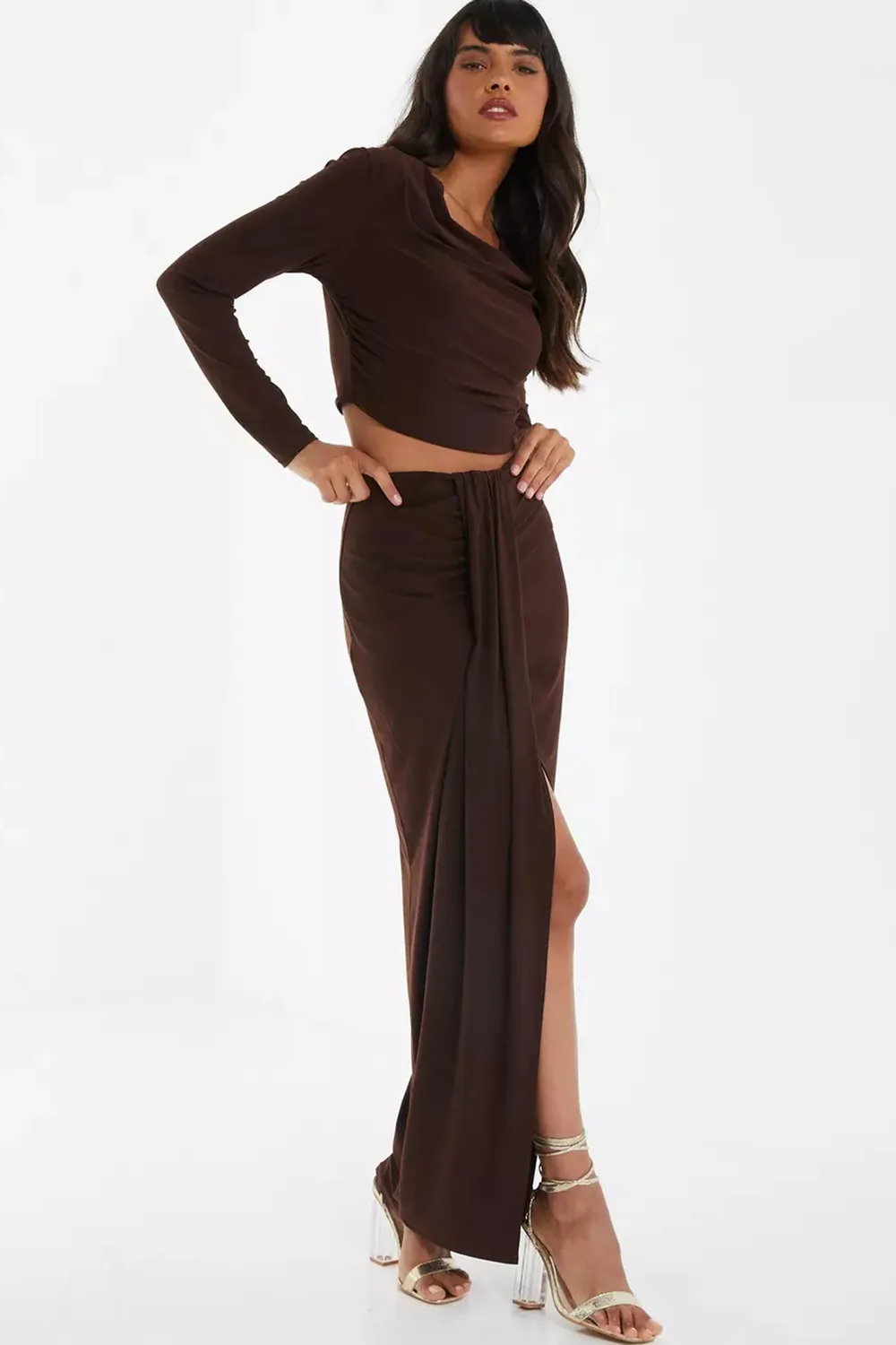 Brown Ruched Cowl Neck Top Ruched Split Maxi Skirt