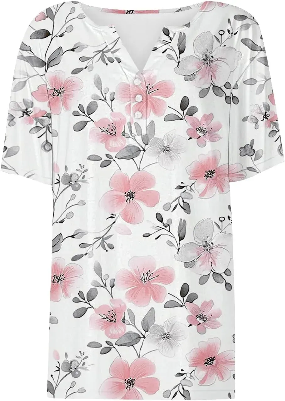 Shirts for Women Casual Printed Summer Tops Short-Sleeved Button V-Neck Tops Blouse Fashion Boho T-Shirts