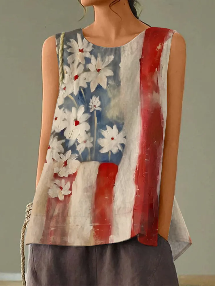 Vintage Independence Day American Geometry Floral Art Tank Top