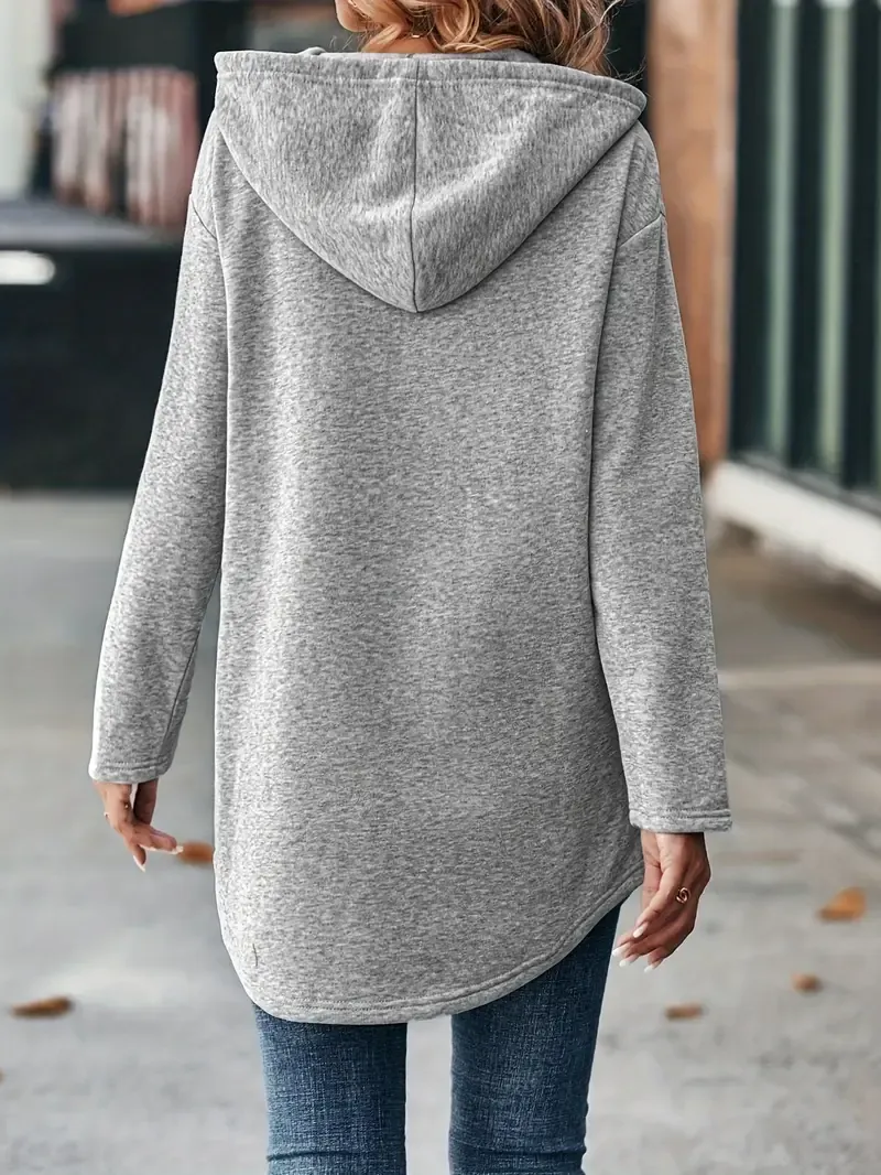 Solid Color Drawstring Hoodie Sheath Dress, Casual Long Sleeve Kangaroo Pocket Dress For Fall & Winter, Women's Clothing