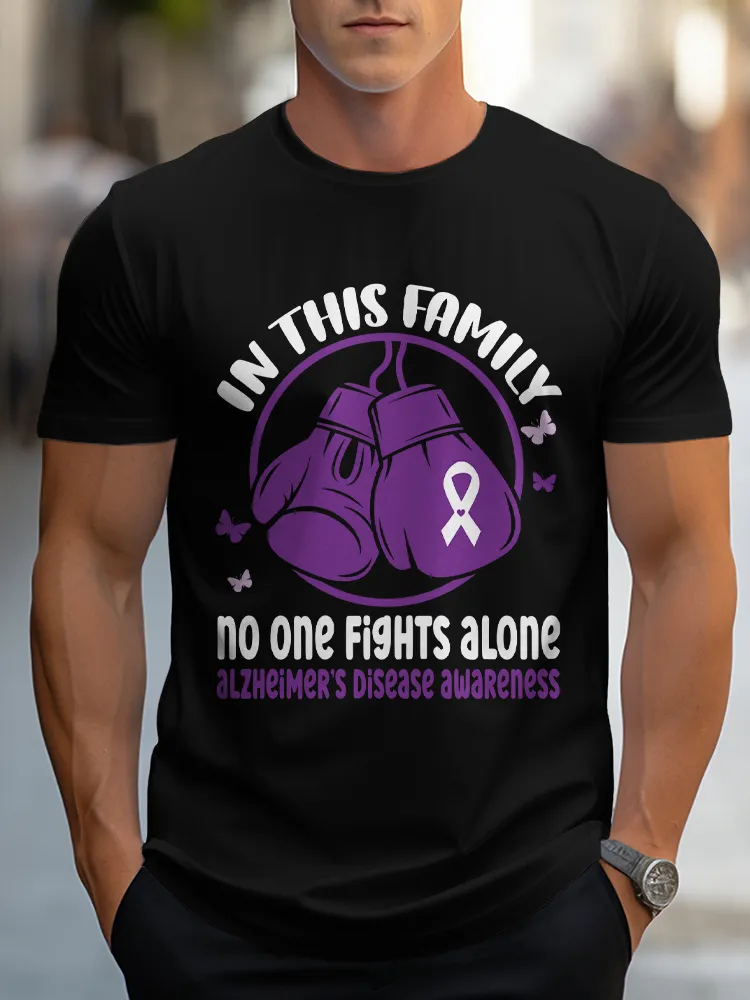 Men'S Round-Neck Short-Sleeved T-Shirt In This Family No One Fights Alone Alzheimer'S Disease Awareness Prints