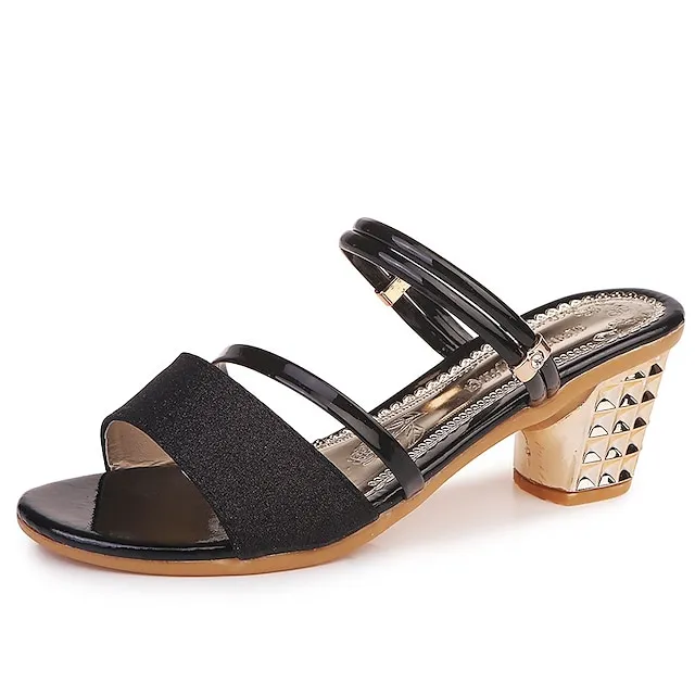 Women's Sandals Dress Shoes Sparkly Sandals Party Daily Summer Block Heel Low Heel Chunky Heel Open Toe Elegant Casual PU Leather PU Loafer Solid Color Black Silver Gold