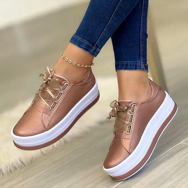 Women's Sneakers White Shoes Plus Size Platform Sneakers Daily Summer Spring Fall Platform Flat Heel Round Toe Sporty Casual Walking Shoes PU Lace-up Solid Color Silver Dark Red Black