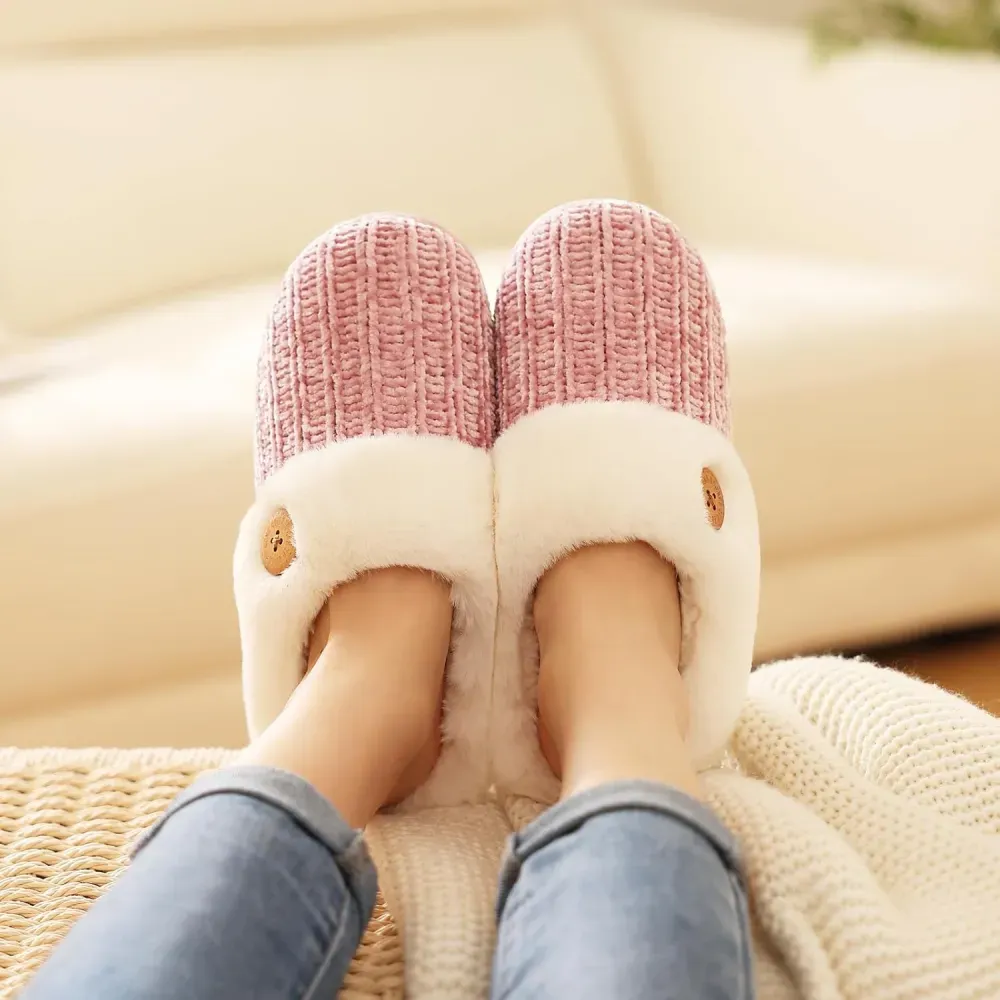 Warm Knit House Slippers for Women Comfy Wool-Like Lined Chenille Slippers with Memory Foam and Indoor Outdoor Soles