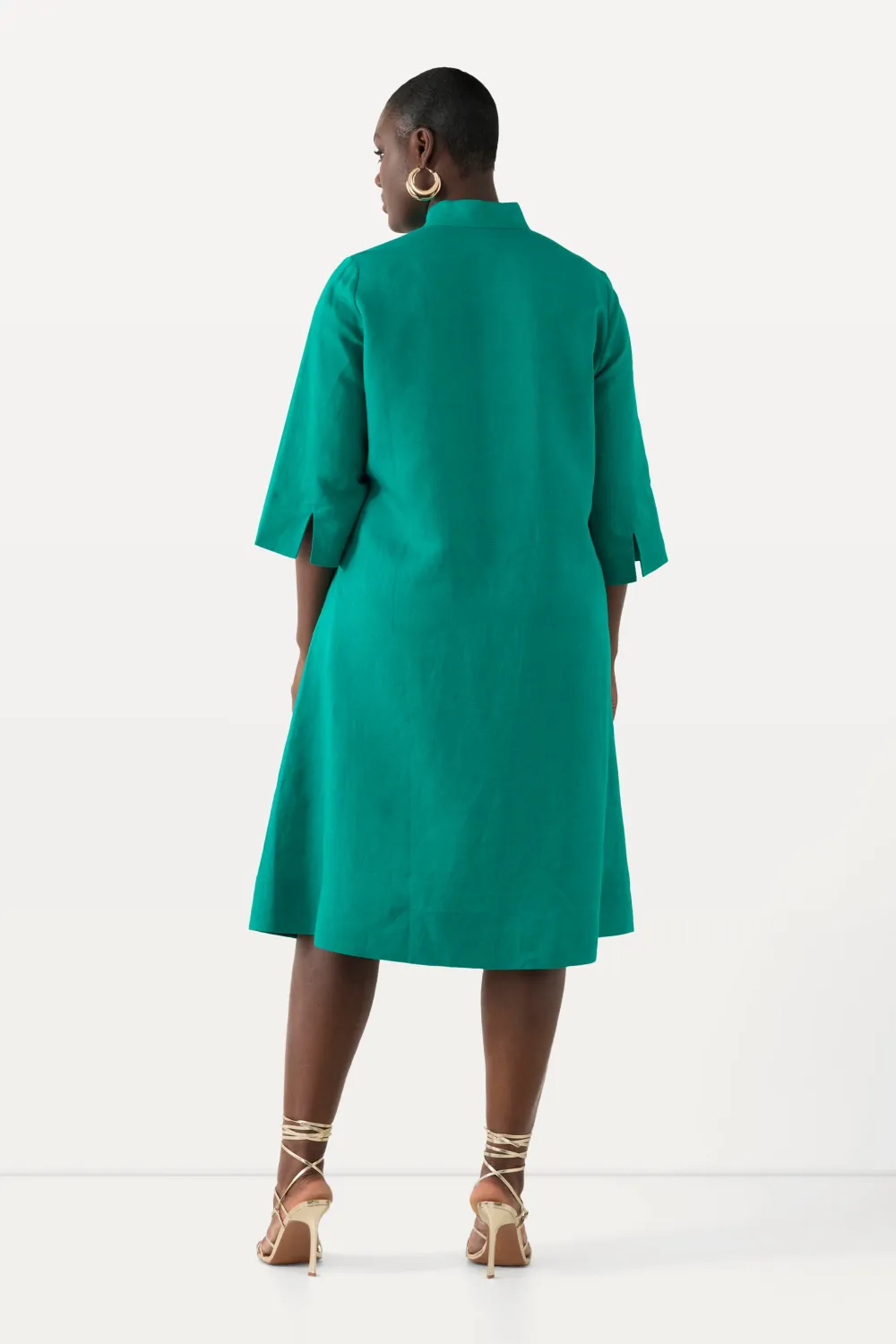 Midikleid, Leinenmix, A-Linie, V-Ausschnitt, 3/4-Arm