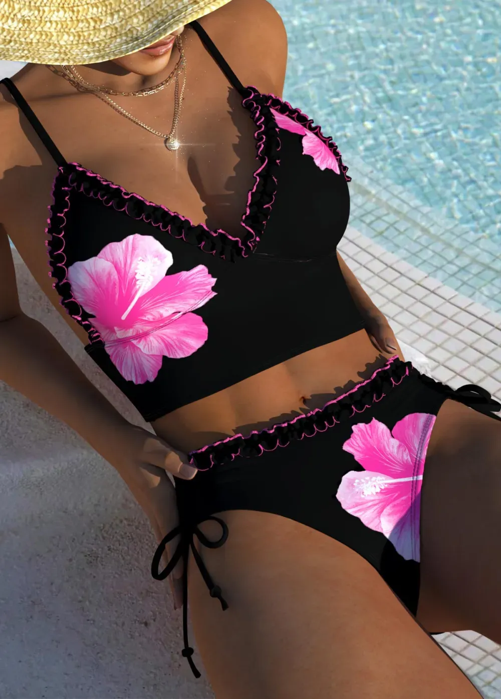 Tie Mid Waisted Floral Print Black Bikini Set