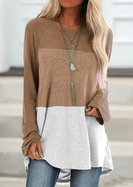 Casual Round Collar Color Block Long Sleeve Tops
