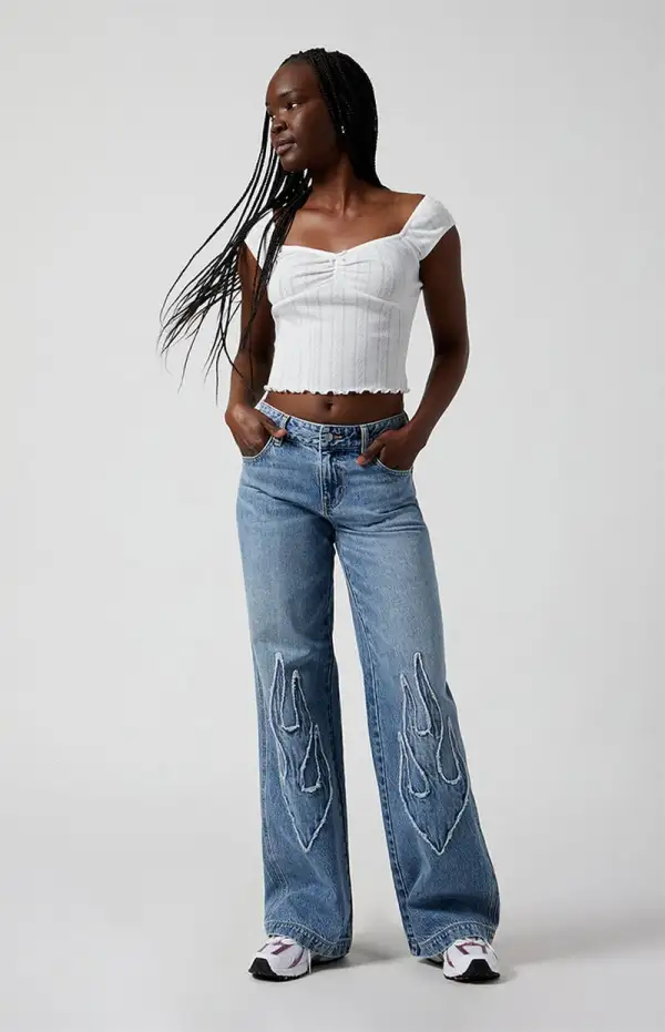 PacSun Casey Frayed Flame Patch Low Rise Baggy Jeans Medium Indigo