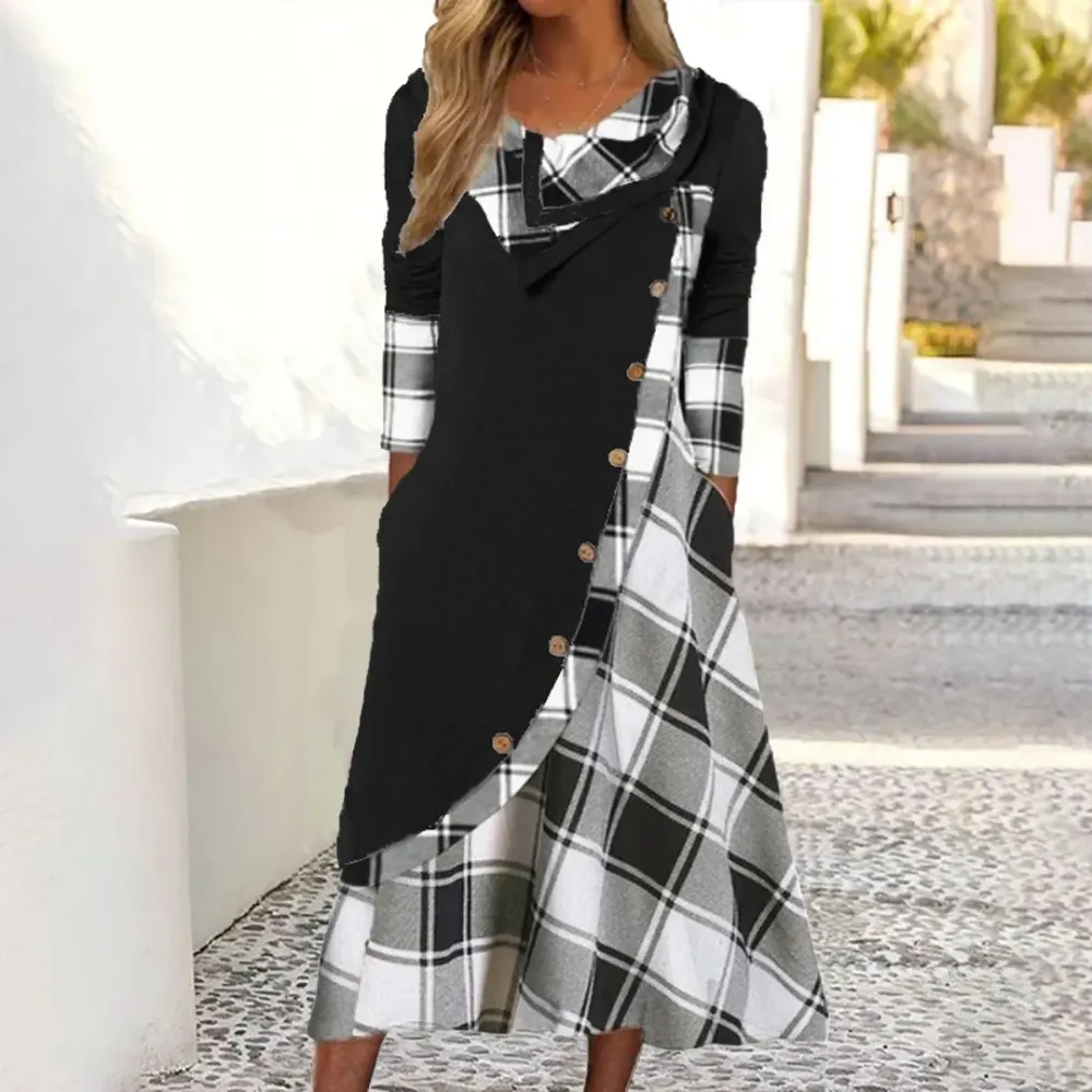Women's Long Sleeve Scoop Neck Plaid Printed Button Stitching Midi Dress