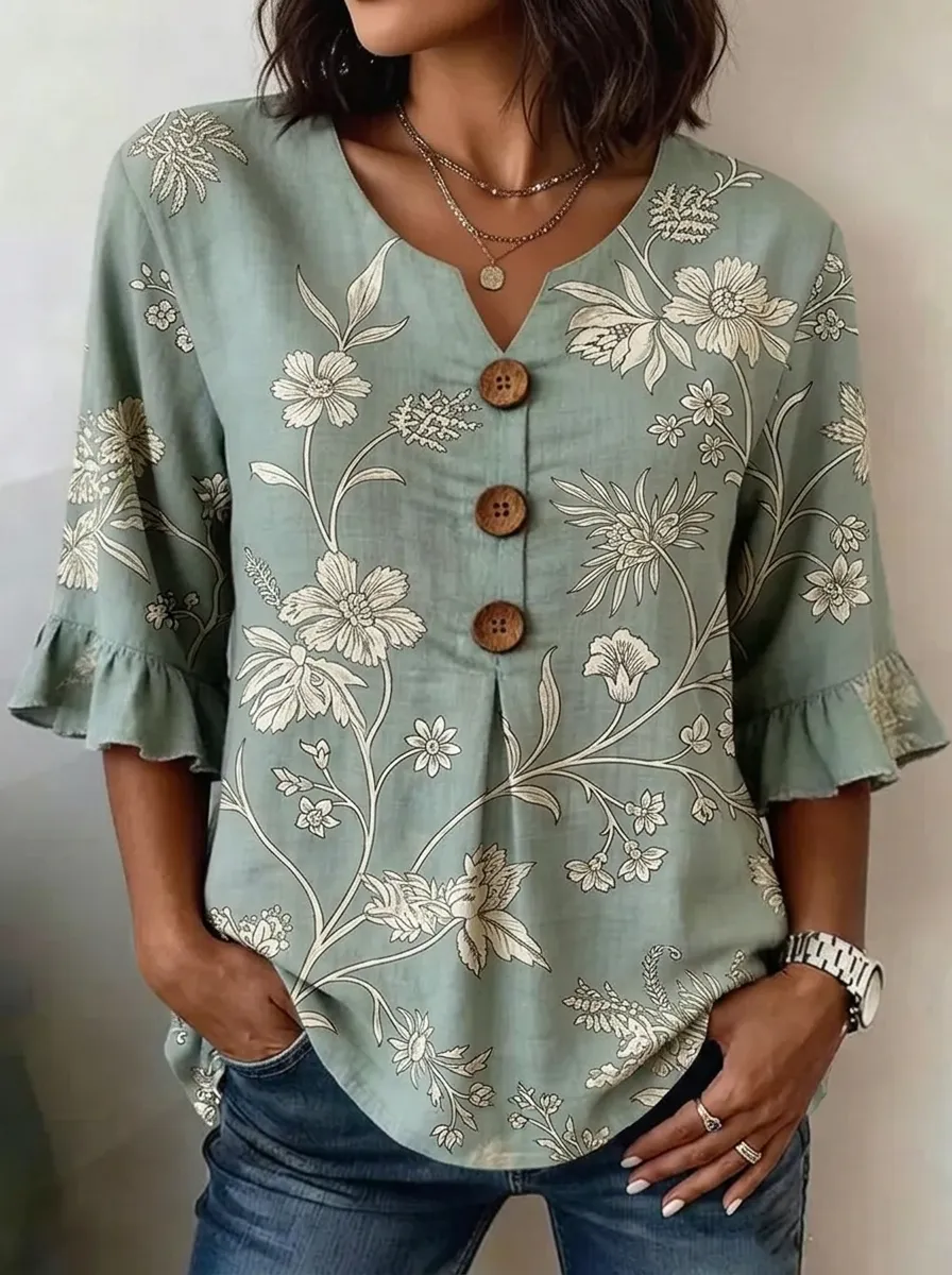 Women's Nashville Floral Botanical Printed V-Neck Ruffle Sleeve Top