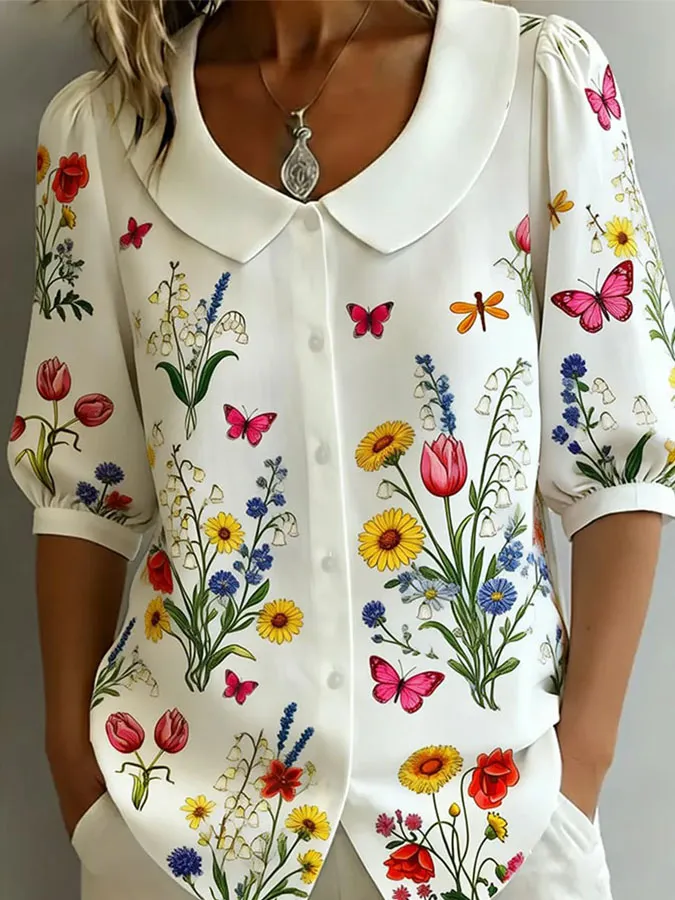 Women'S Flower Art Sleeves Doll Collar Cotton Hemp Shirt